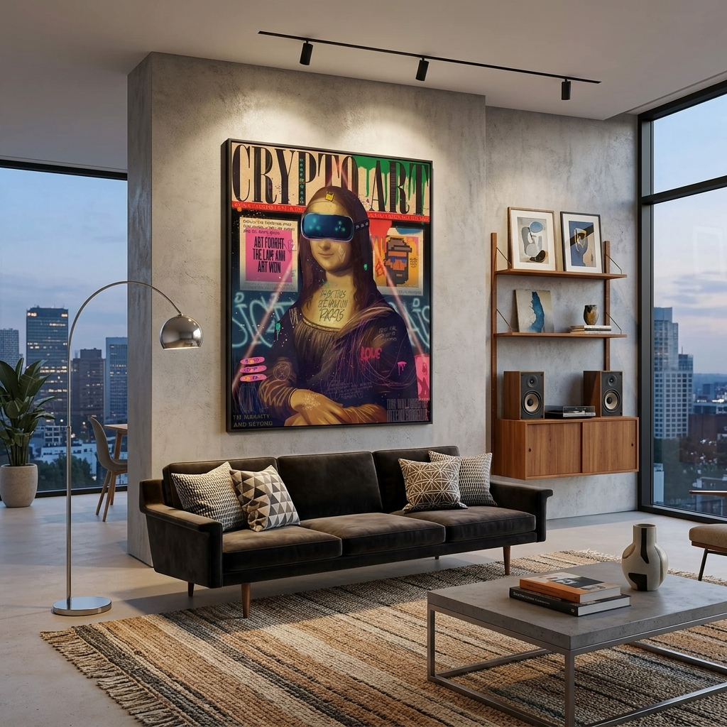 Pop-Art-Kunstdruck „Gioconda in VR-Brille“ auf Leinwand