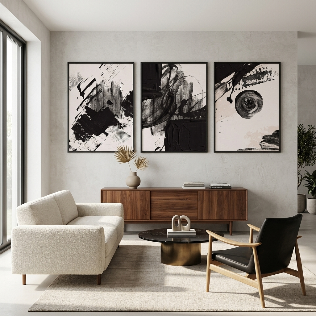 Modularer schwarz-weißer abstrakter mehrteiliger Kunstdruck auf Leinwand