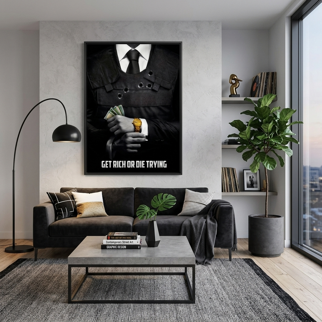 Ein Mann im Anzug mit Geld in den Händen und einer goldenen Uhr am Handgelenk mit der Aufschrift „Motivational“ auf Leinwand.