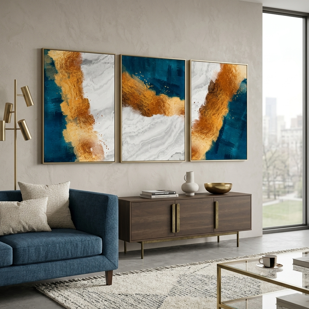 Modularer blau-goldener abstrakter Kunstdruck mit grauen Elementen, mehrere Teile auf Leinwand