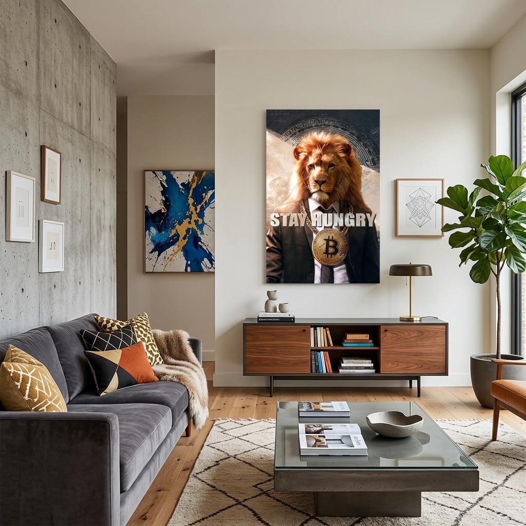 Bitcoin Lion Stay Hungry Motivierender Leinwand-Kunstdruck