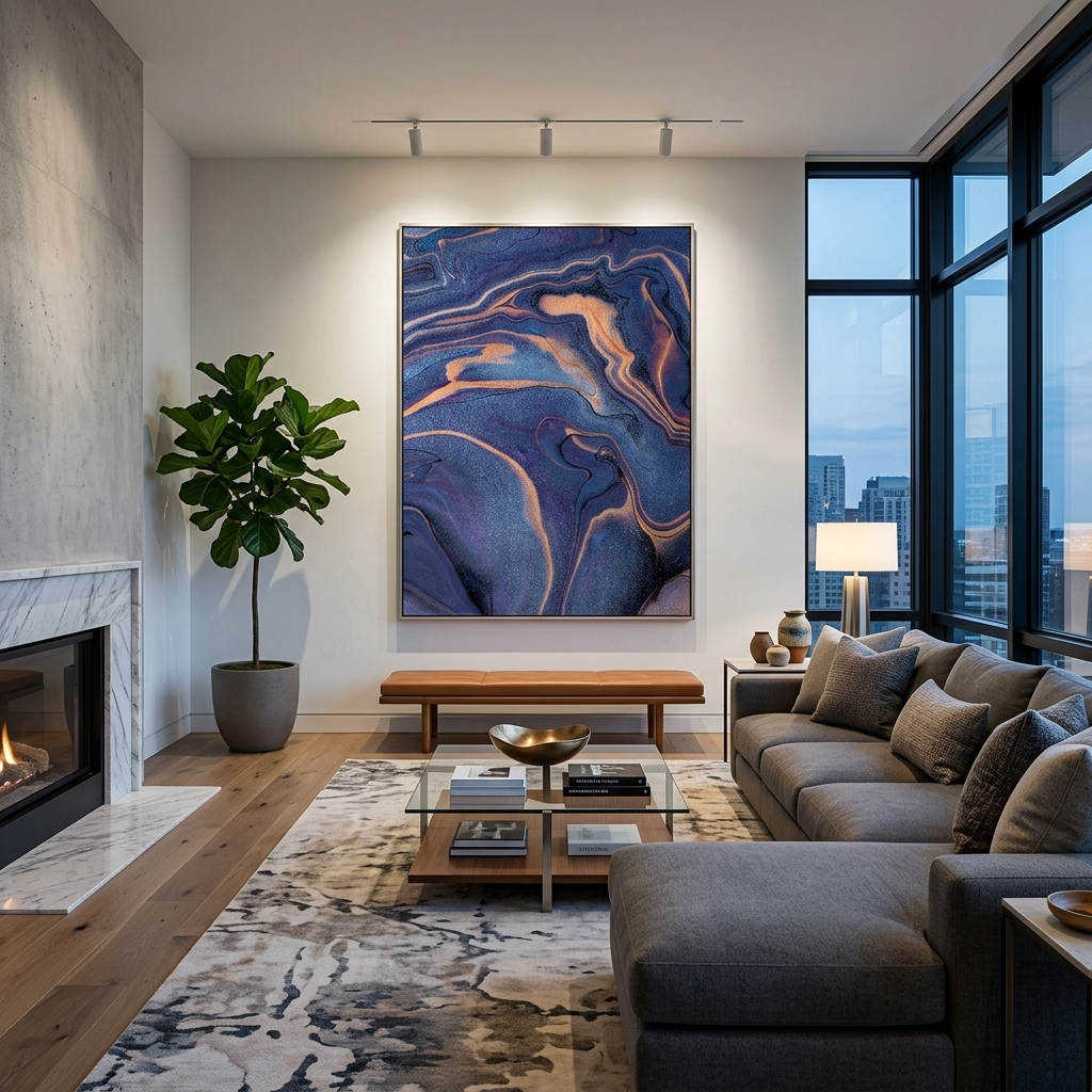 Marineblauer und goldener Abstraktions-Kunstdruck auf Leinwand