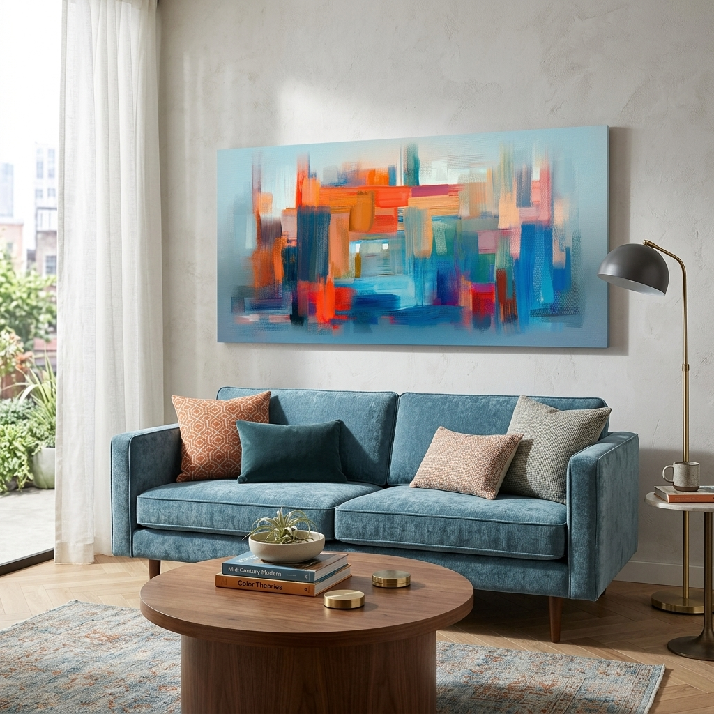 Rotes Abstrakt mit einer kräftigen blauen Farbe Abstraktion Leinwand Wand Kunstdruck
