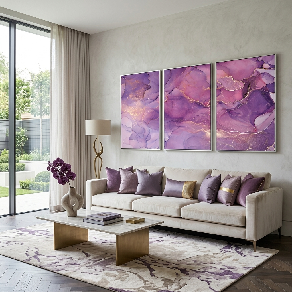 Modularer abstrakter Kunstdruck auf Leinwand, mehrere Teile, Rosa und Lila