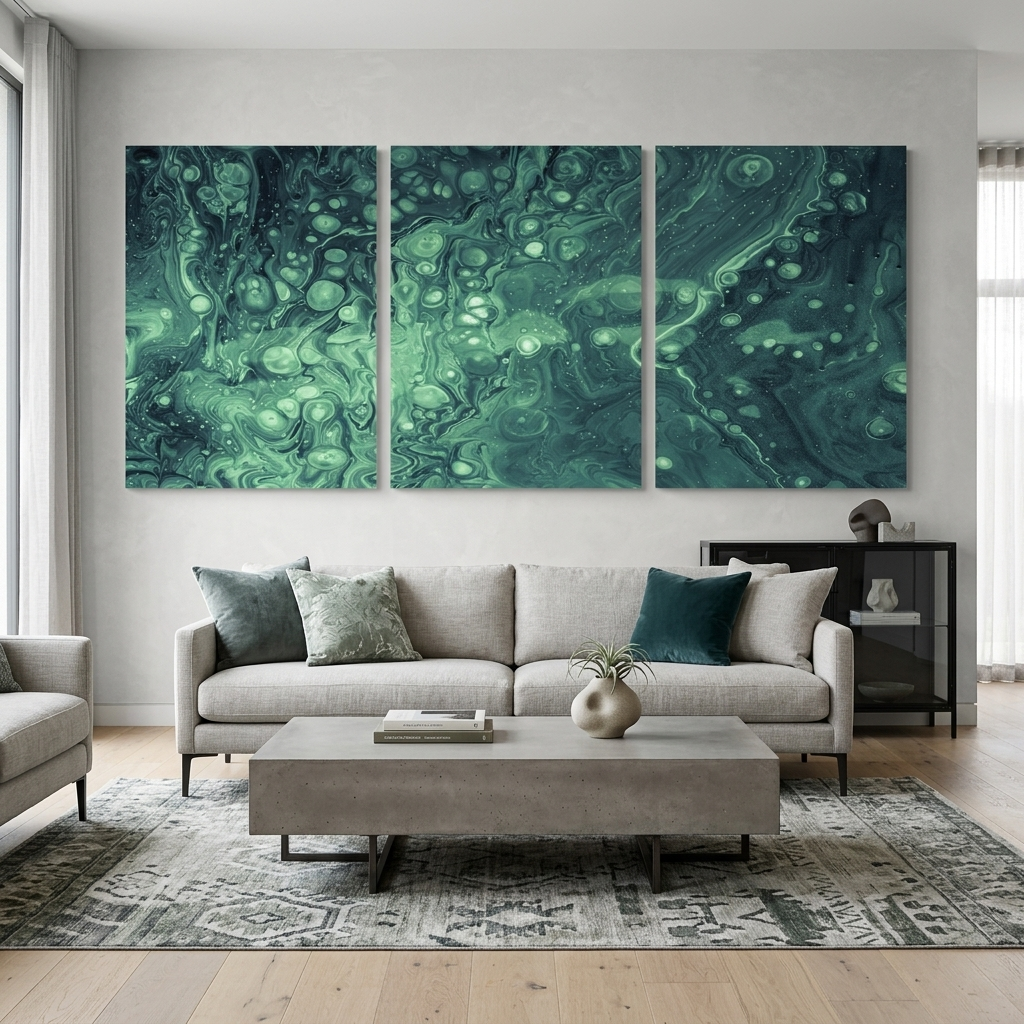 Mehrteiliger Kunstdruck auf Leinwand „Bubbles“ in türkisfarbener Acrylfarbe