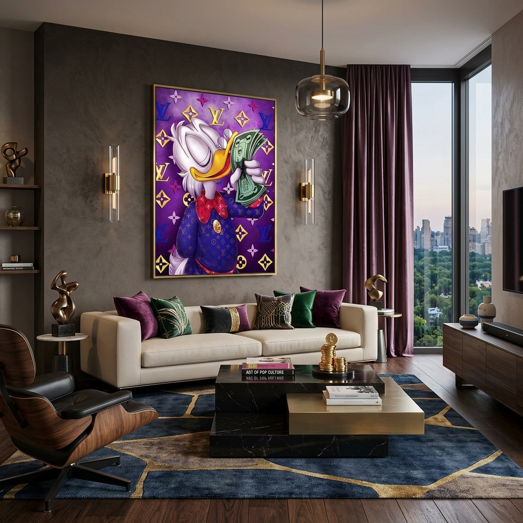 Inspirierender Leinwand-Kunstdruck „Scrooge mit einem Bündel Dollar auf violettem Hintergrund“ von Chanel