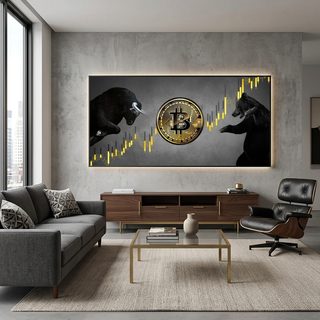 Bitcoin Bulle und Bär auf grauem Hintergrund Inspirierender Leinwand-Kunstdruck