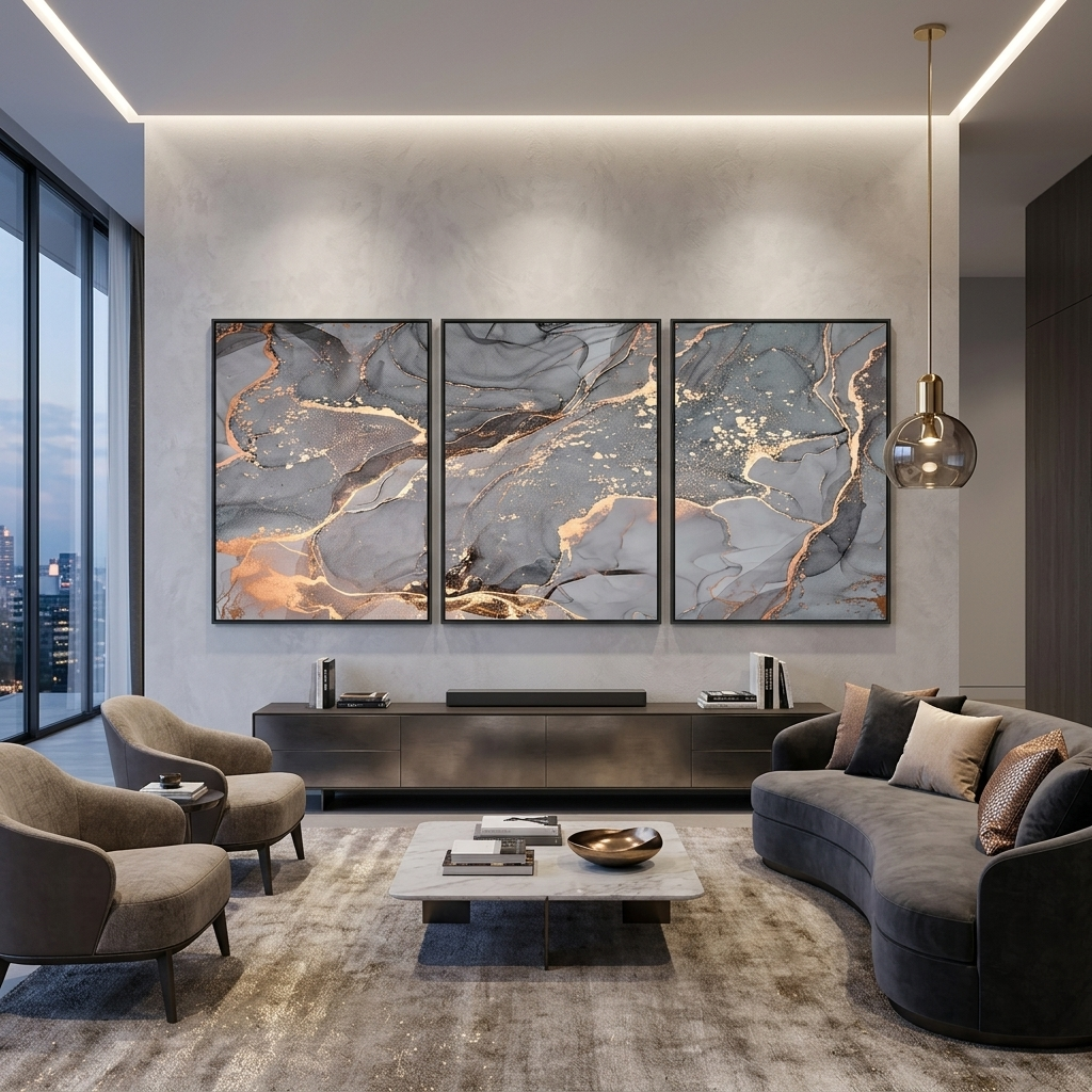 Modularer abstrakter Kunstdruck auf Leinwand, mehrere Teile, grau-gold