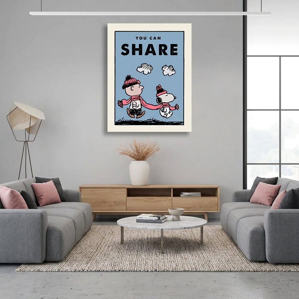 Ein Junge und ein Hund gehen mit einem Schild darauf spazieren. Motivierender Kunstdruck auf Leinwand.