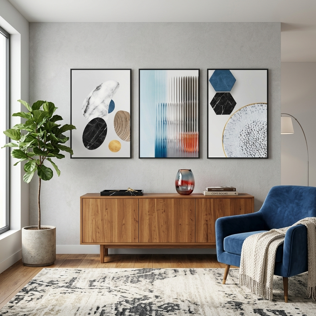 Mehrteiliger Kunstdruck auf Leinwand, Abstraktion mit geometrischen Marmorfiguren