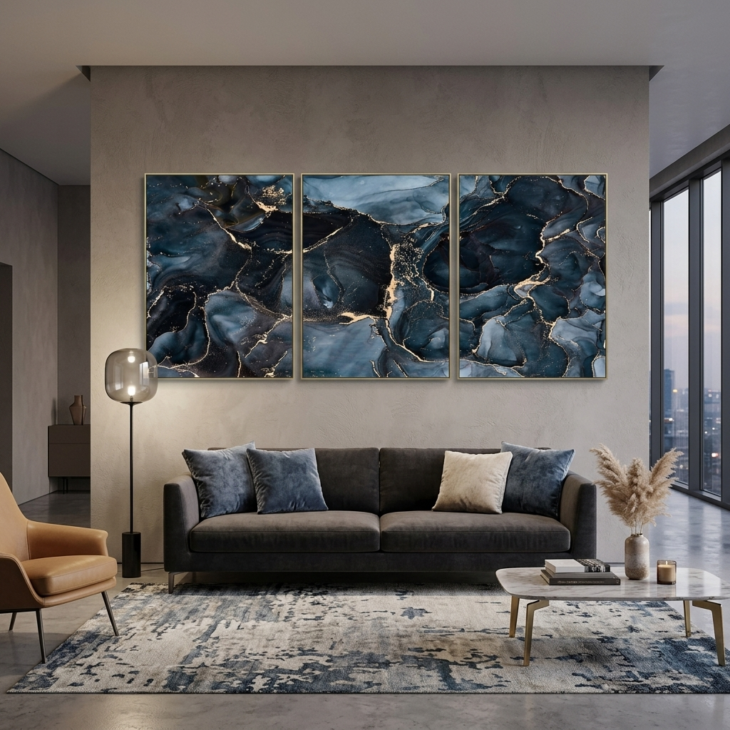 Modulare Abstraktion in dunklen Blau- und Goldtönen, mehrteiliger Kunstdruck auf Leinwand