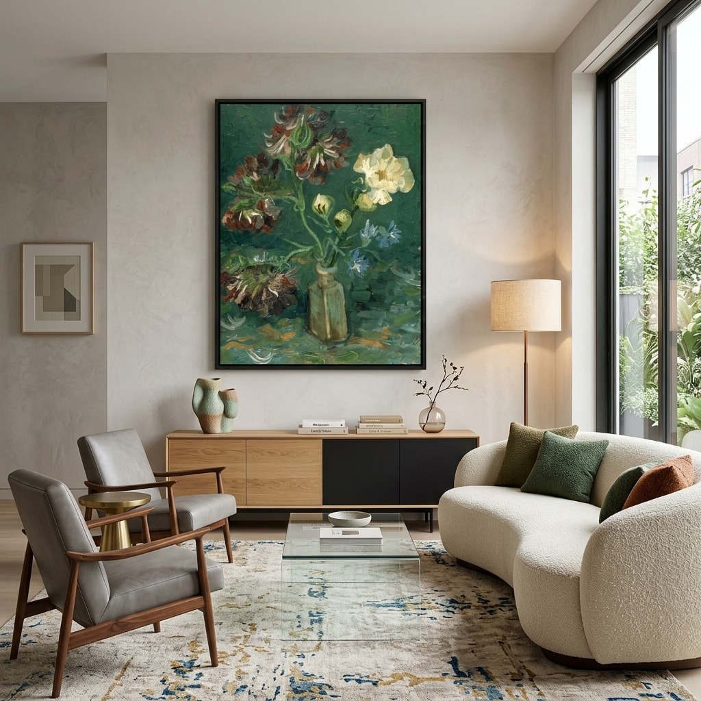 Reproduktions-Vase mit Vergissmeinnicht und Pfingstrosen, Van Gogh-Reproduktion, Kunstdruck auf Leinwand