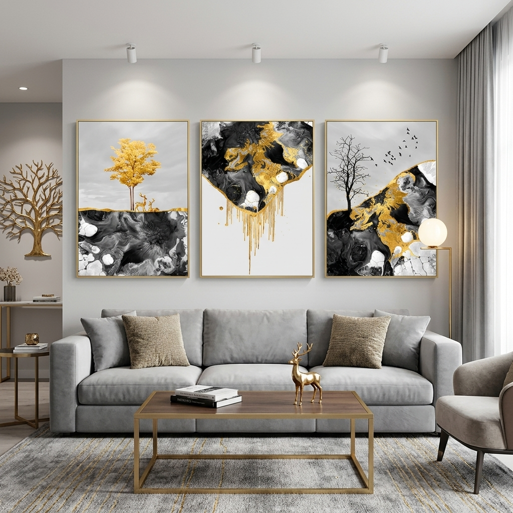 Modulares abstraktes Bild in dunklen Farbtönen mit goldener Farbe, mehrteiliger Kunstdruck auf Leinwand