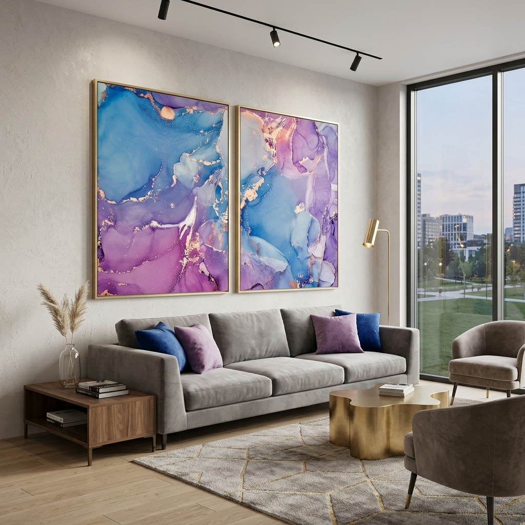 Modularer abstrakter Kunstdruck auf mehrteiliger Leinwand in Blau und zartem Lila mit goldenen Linien