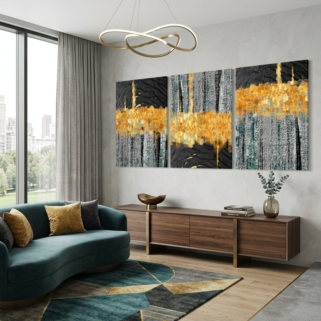Modularer, grau-goldener abstrakter Kunstdruck mit schwarzen Elementen, mehrere Teile auf Leinwand