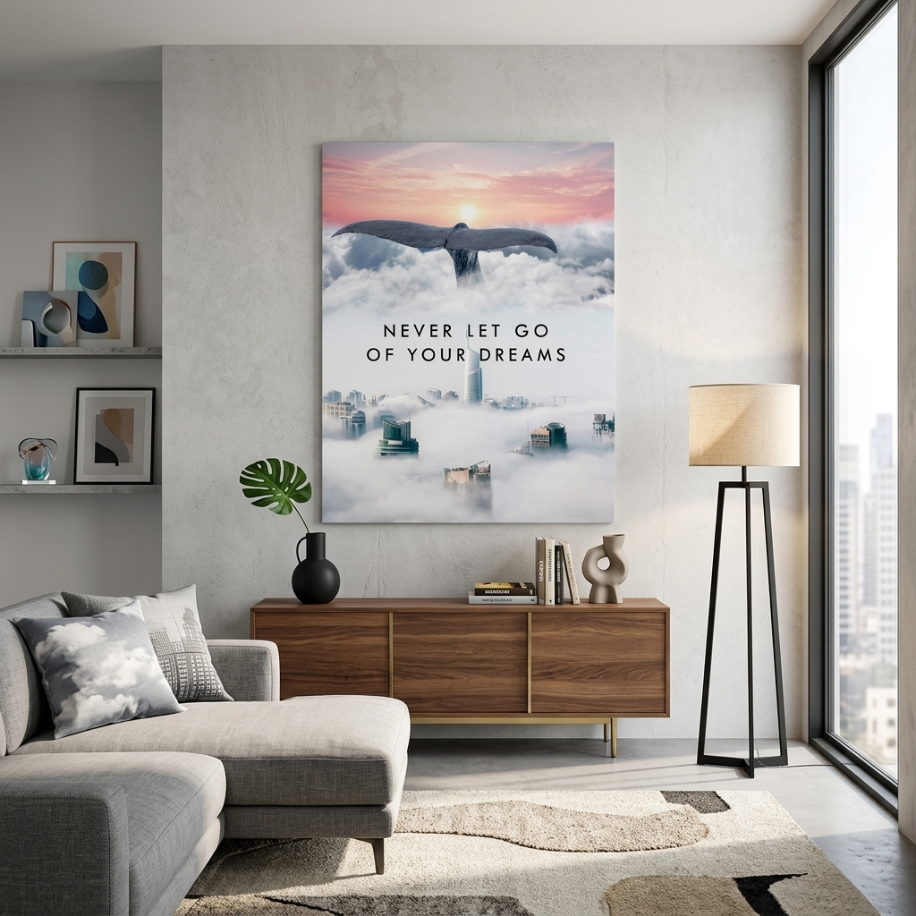 Walschwanzstadt und weiße Wolken, motivierender Kunstdruck auf Leinwand