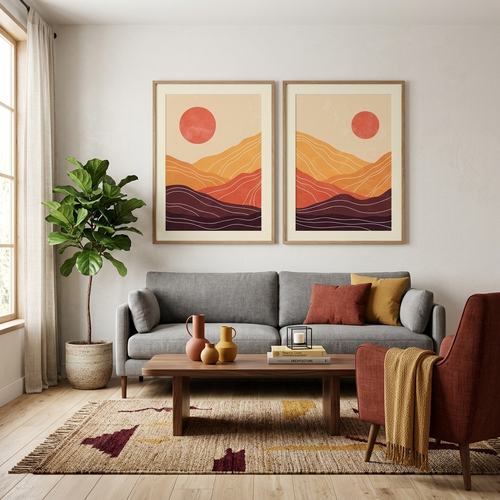 Modularer abstrakter Wüstendruck in den Farben Orange, Braun und Rot. Mehrteiliger Leinwand-Kunstdruck