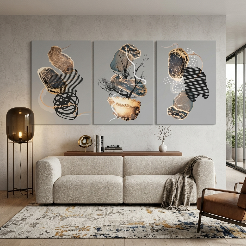 Modularer, mehrteiliger Kunstdruck auf Leinwand, abstrakt in Schwarz und Gold auf grauem Hintergrund