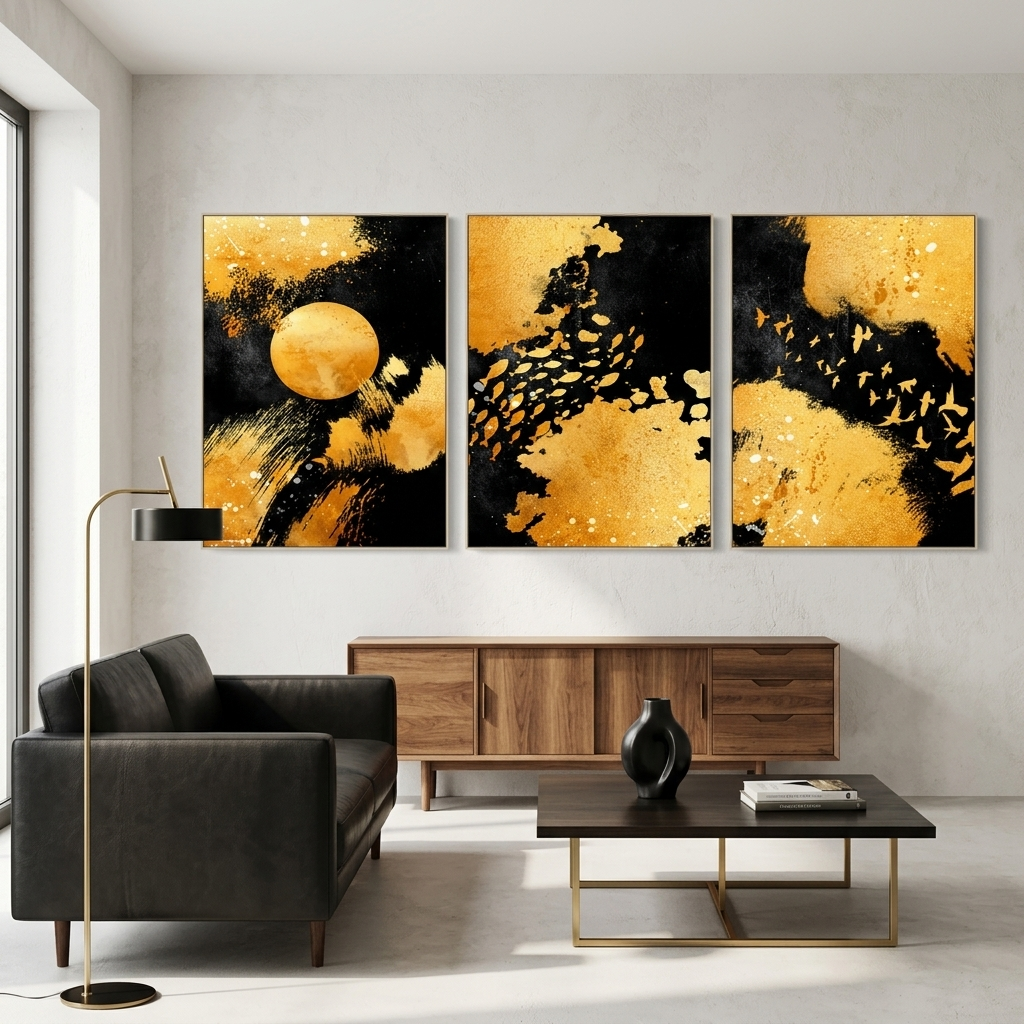 Modularer abstrakter Kunstdruck auf mehrteiliger Leinwand in Schwarz- und Goldfarben