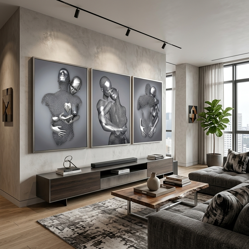 Modularer Kunstdruck auf Leinwand, Motiv: silberne Statuen, mehrere Teile, für das Schlafzimmer