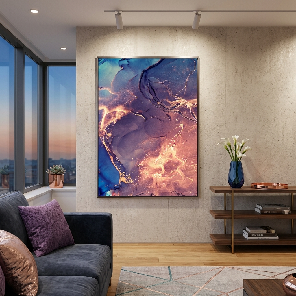 Violetter Puder mit blauen und goldenen Tönen Abstraktion Leinwand Wand Kunstdruck