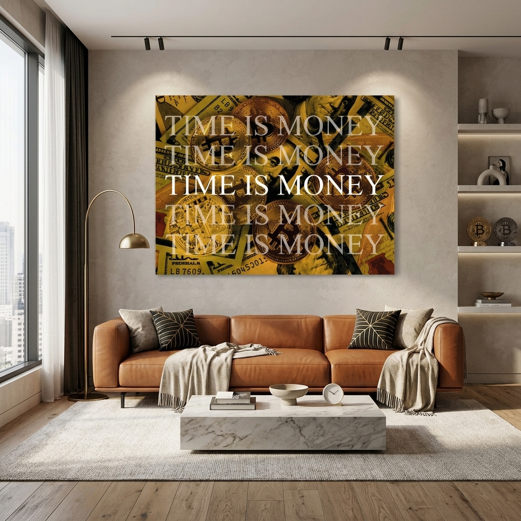 Dollar und Bitcoin Zeitgeld auf gelbem Hintergrund Motivierender Leinwand-Kunstdruck
