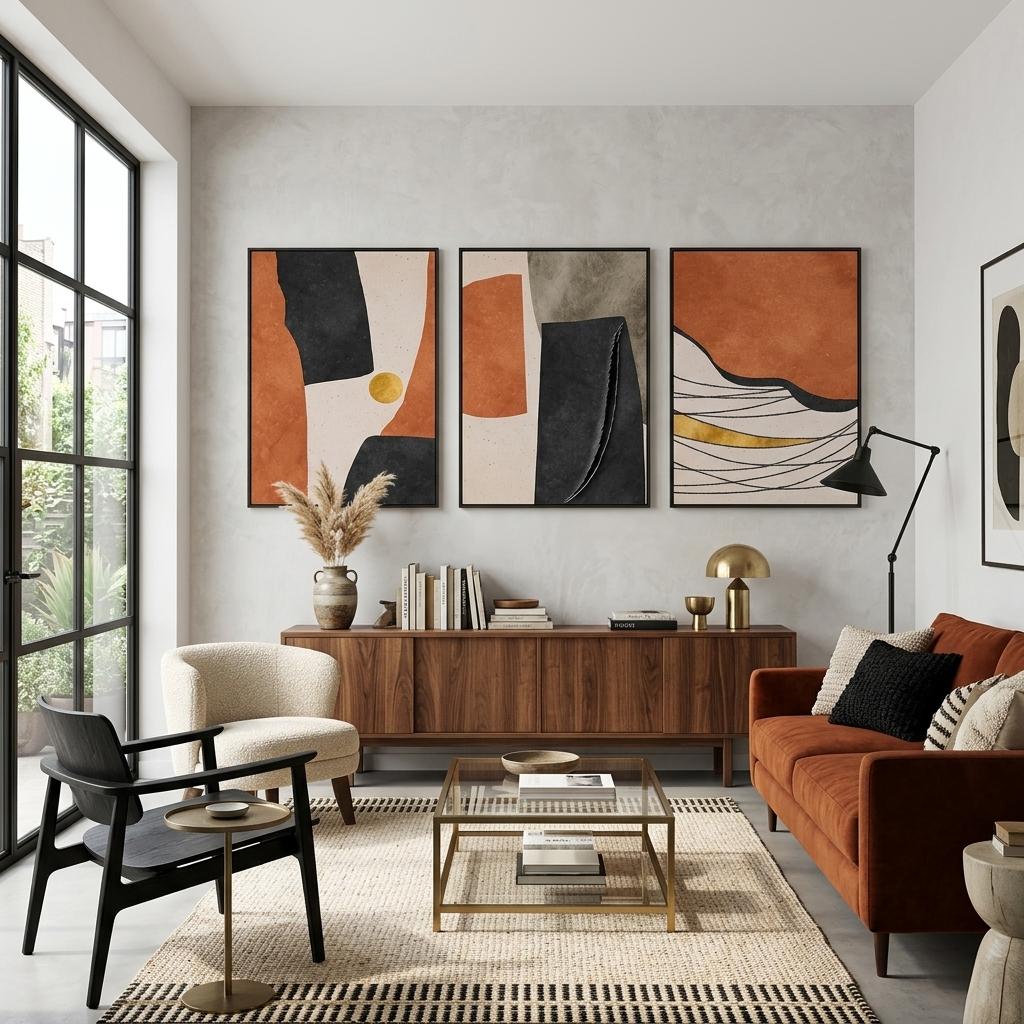 Modularer abstrakter Kunstdruck auf mehrteiliger Leinwand mit ausgeprägtem Orangeton