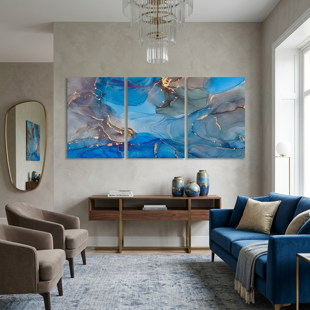 Modularer, abstrakter, graublauer Kunstdruck auf Leinwand, mehrere Teile