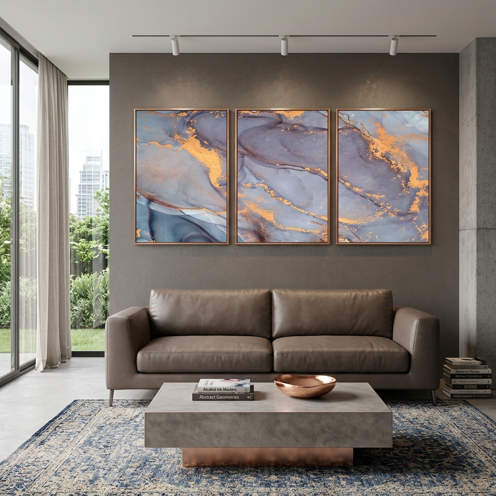 Modularer, grau-goldener abstrakter Kunstdruck mit goldenen Elementen, mehrere Teile auf Leinwand