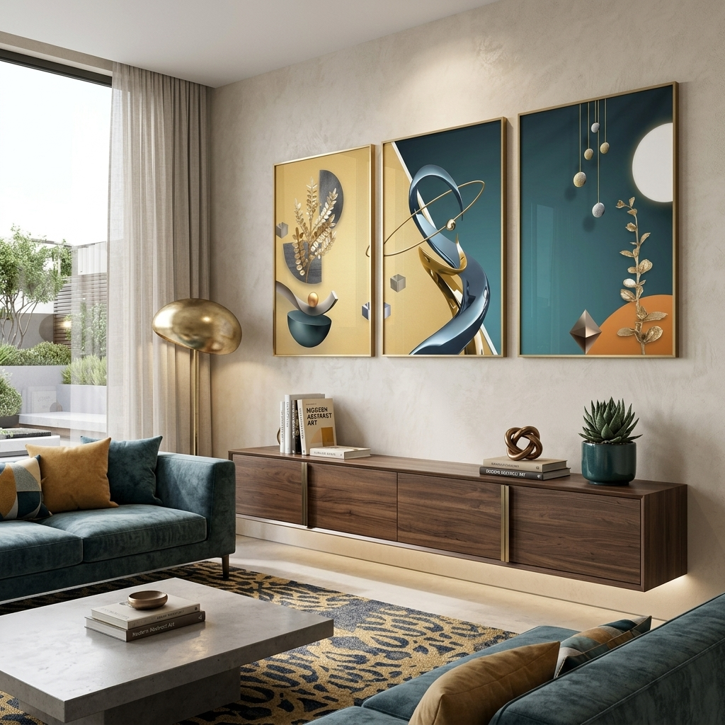 Mehrteiliger Kunstdruck auf Leinwand, Blau-Gold-Abstraktion
