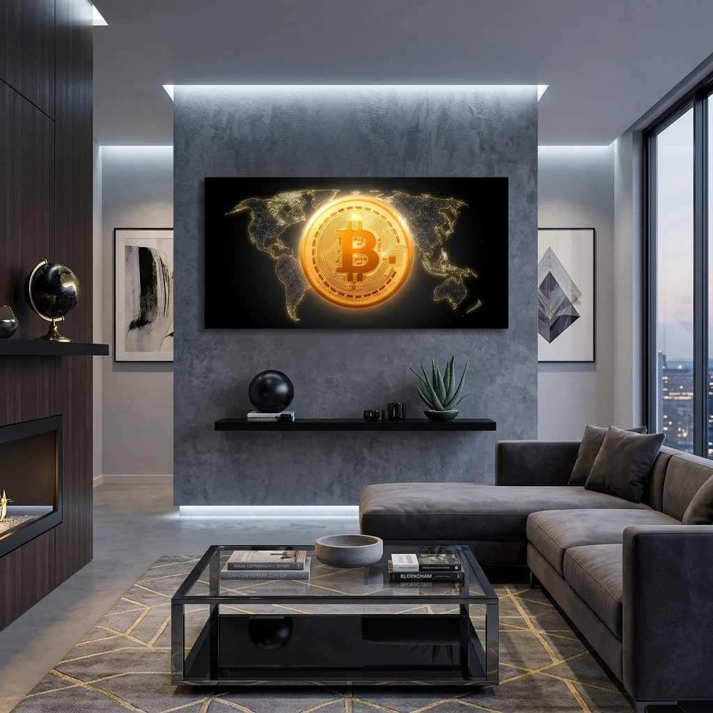 Bitcoin Goldmünze Bitcoin Karte Hintergrund Inspirierender Leinwanddruck
