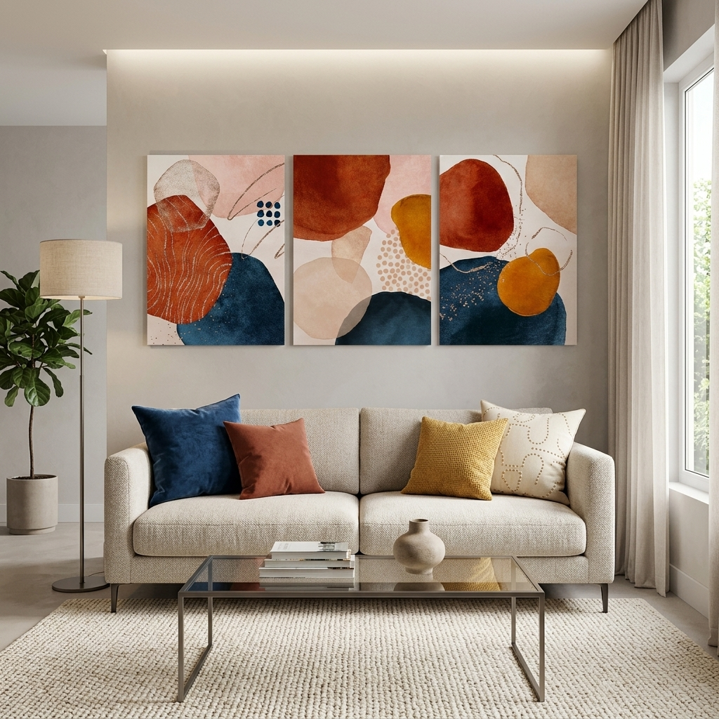 Modularer dreiteiliger abstrakter Kunstdruck auf Leinwand in Blau und Orange