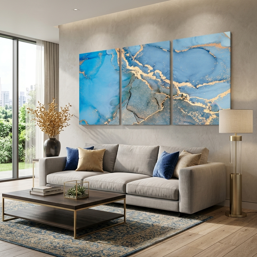 Modularer abstrakter mehrteiliger Kunstdruck auf Leinwand in Blau und Gold