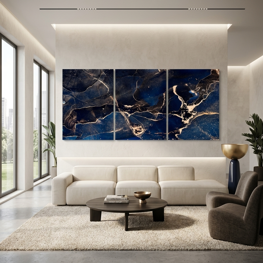 Modularer abstrakter Kunstdruck auf Leinwand, mehrteilig, tiefblau mit goldenen Elementen