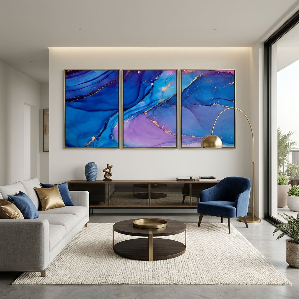 Modularer, abstrakter Kunstdruck auf Leinwand, mehrere Teile, Lavendelblau