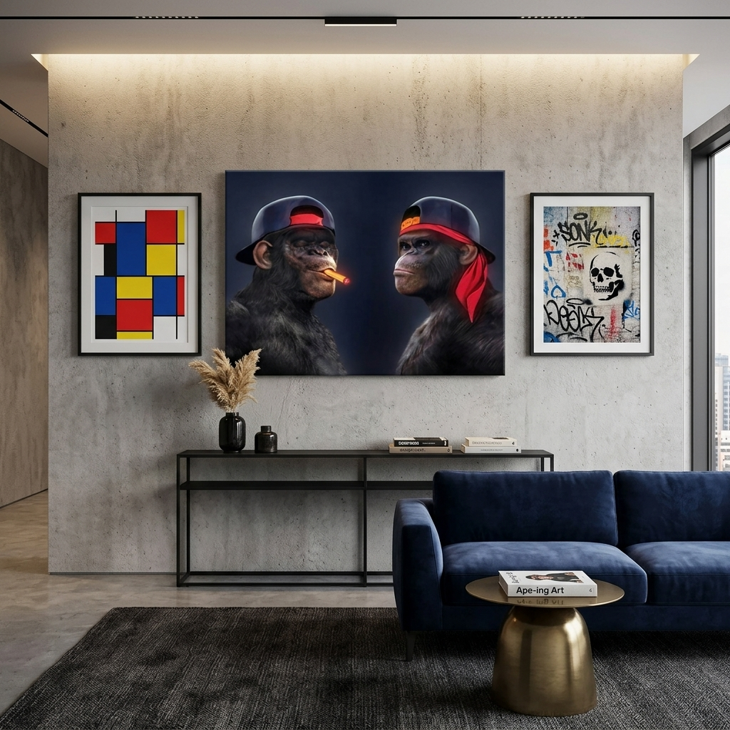Leinwandbild „Zwei schwarze Gorillas mit Mützen und einer Zigarre“