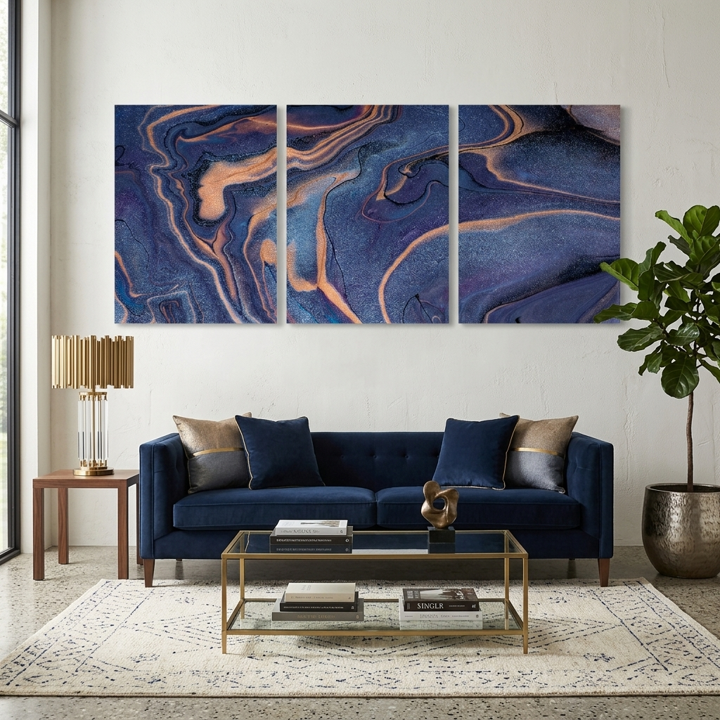 Modularer, abstrakter, puderblauer Kunstdruck auf Leinwand, mehrere Teile