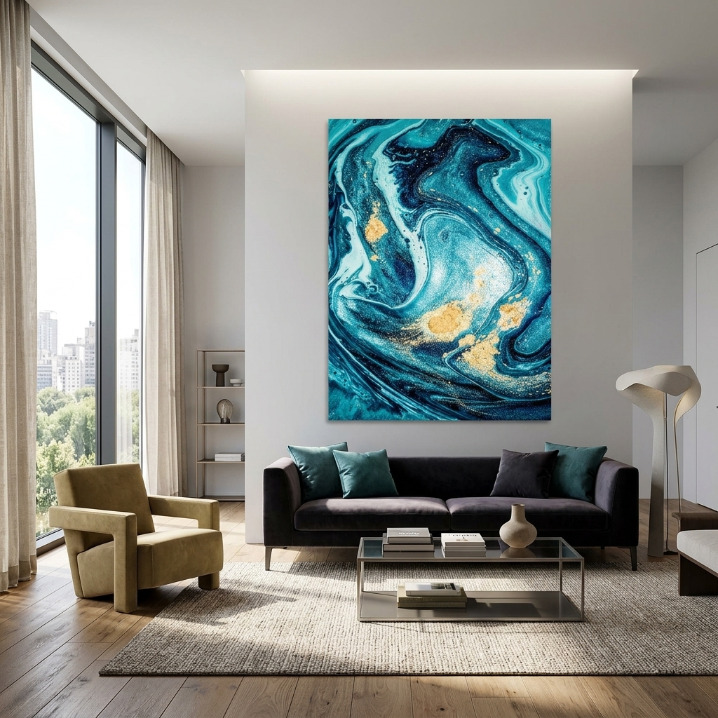 Vertikales türkisfarbenes abstraktes Bild mit goldenen Flecken Abstraktion auf Leinwand, Kunstdruck