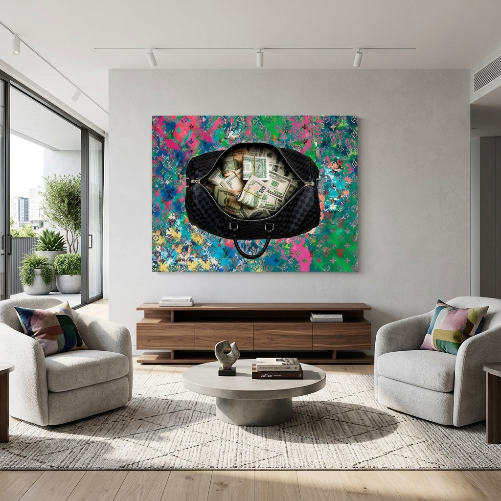 Eine schwarze Tasche mit Geld im Hintergrund von Graffiti Inspirierender Kunstdruck auf Leinwand