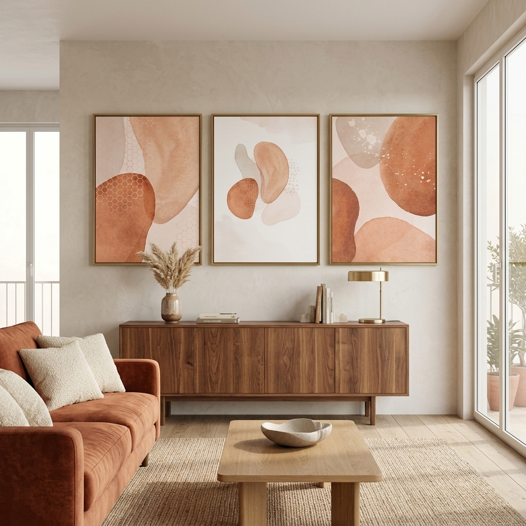 Modularer beigefarbener abstrakter mehrteiliger Kunstdruck auf Leinwand