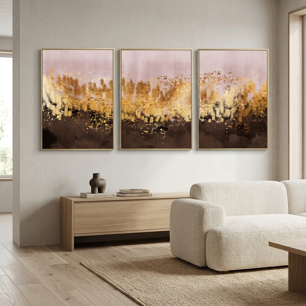 Modularer, abstrakter Kunstdruck auf Leinwand, mehrteilig, puderbraun mit goldenen Elementen