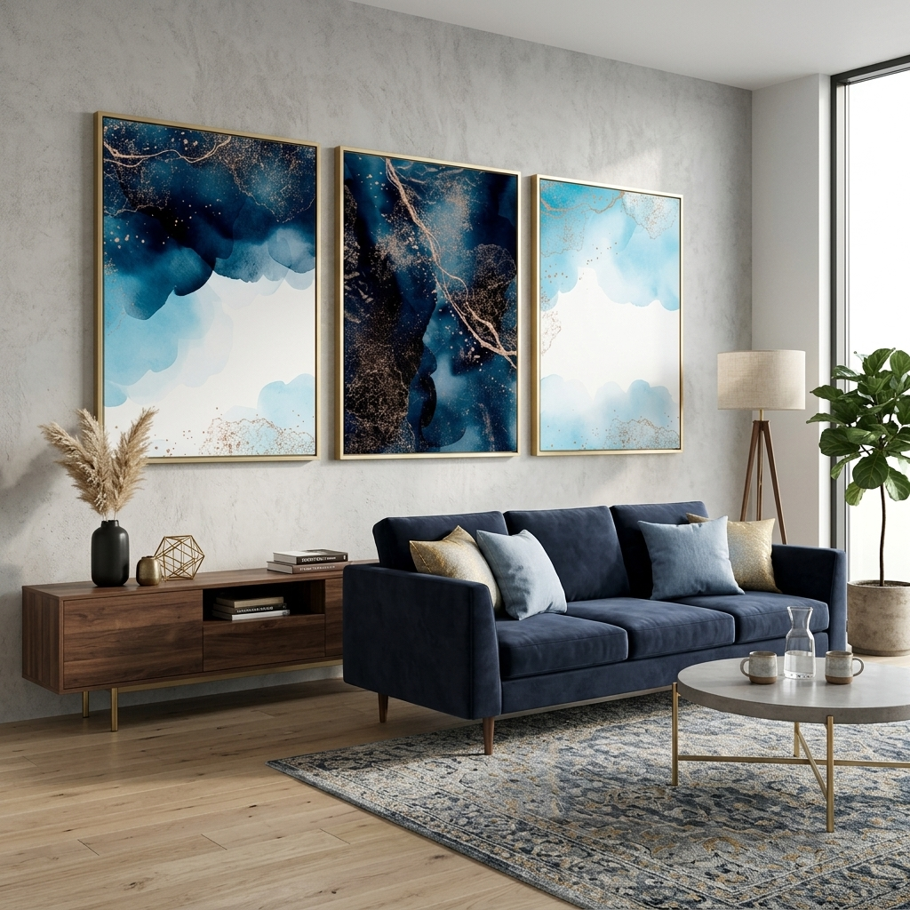 Modularer Kunstdruck auf Leinwand, abstrakt, Marineblau mit goldenen Elementen, mehrere Teile