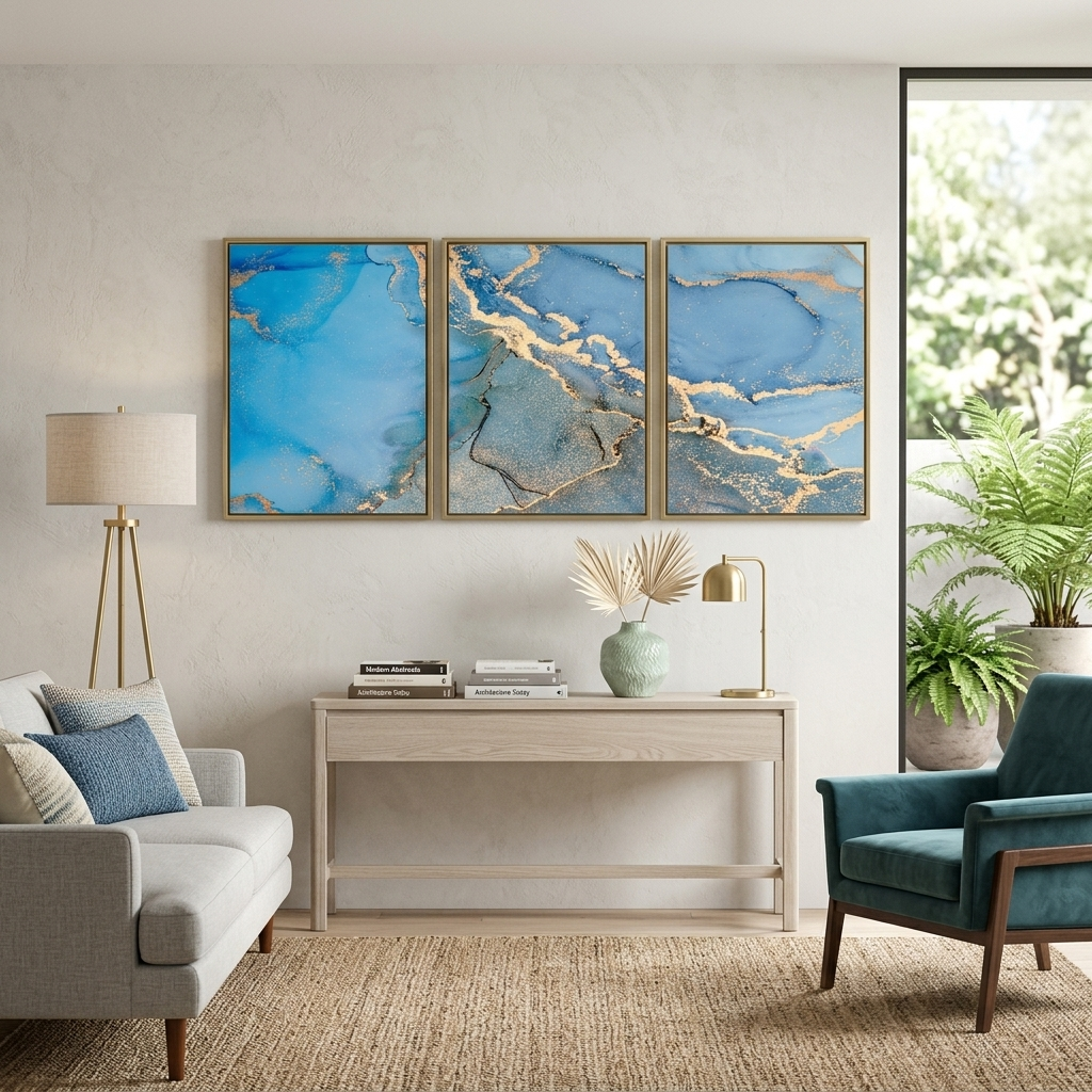 Modularer abstrakter mehrteiliger Kunstdruck auf Leinwand in Blau und Gold