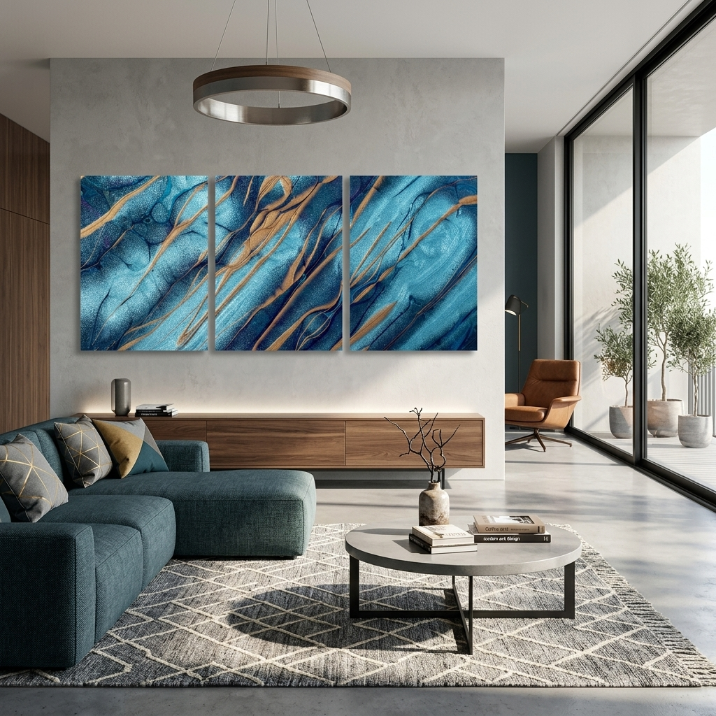 Modularer blau-blauer abstrakter Kunstdruck mit goldenen Elementen, mehrere Teile auf Leinwand
