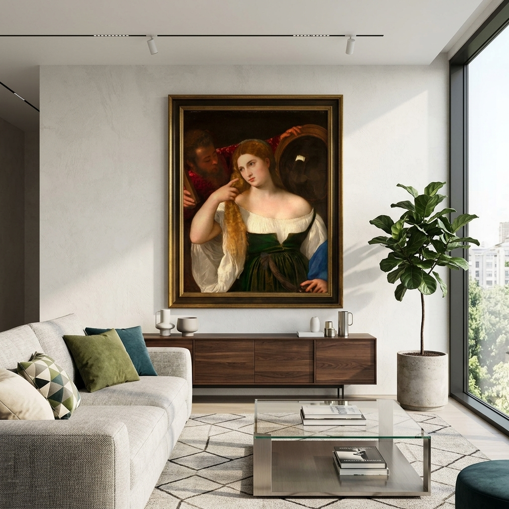 Reproduktion „Frau vor dem Spiegel“, Reproduktion von Tizian auf Leinwand, Kunstdruck