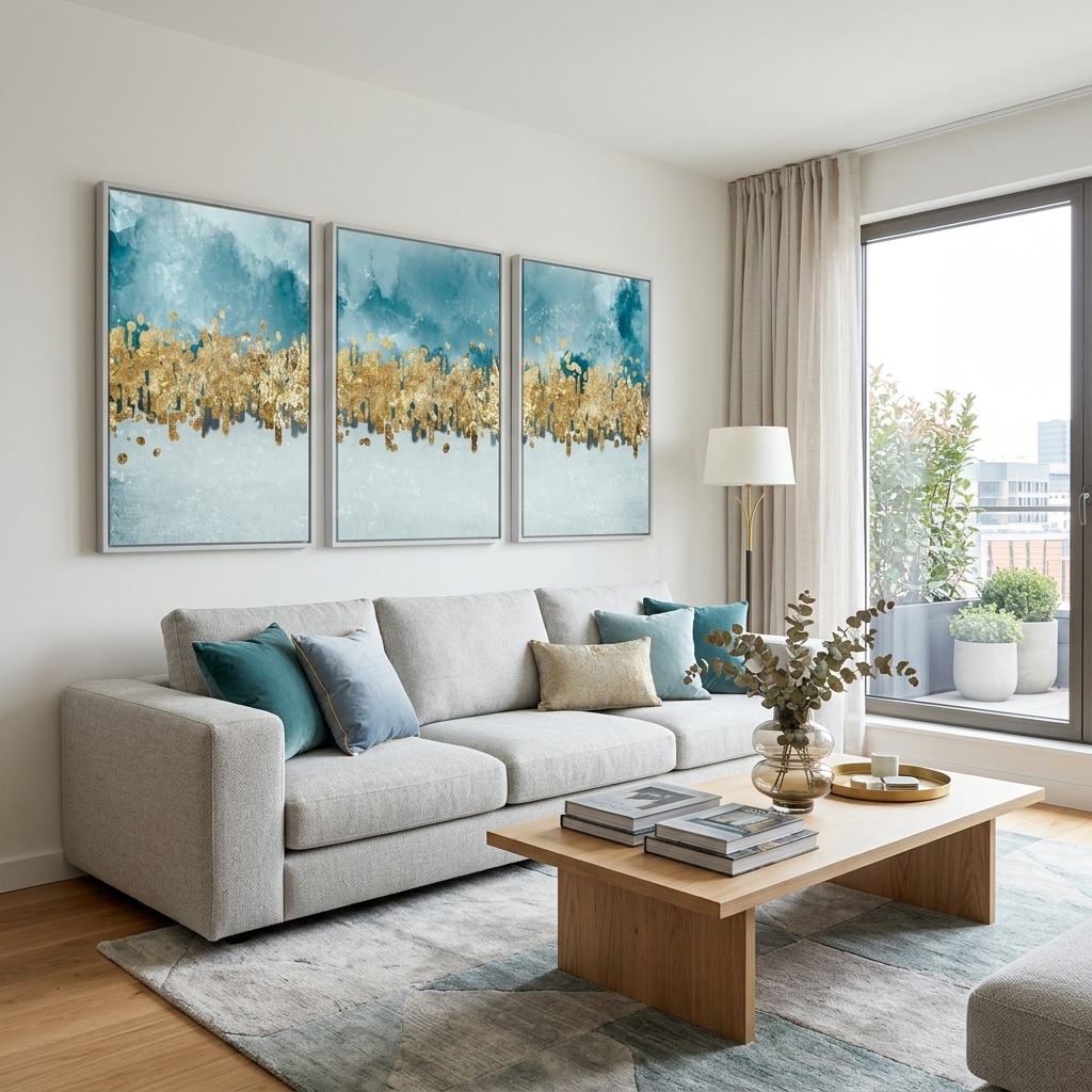 Modularer blau-grauer abstrakter Kunstdruck mit goldenen Elementen, mehrere Teile auf Leinwand