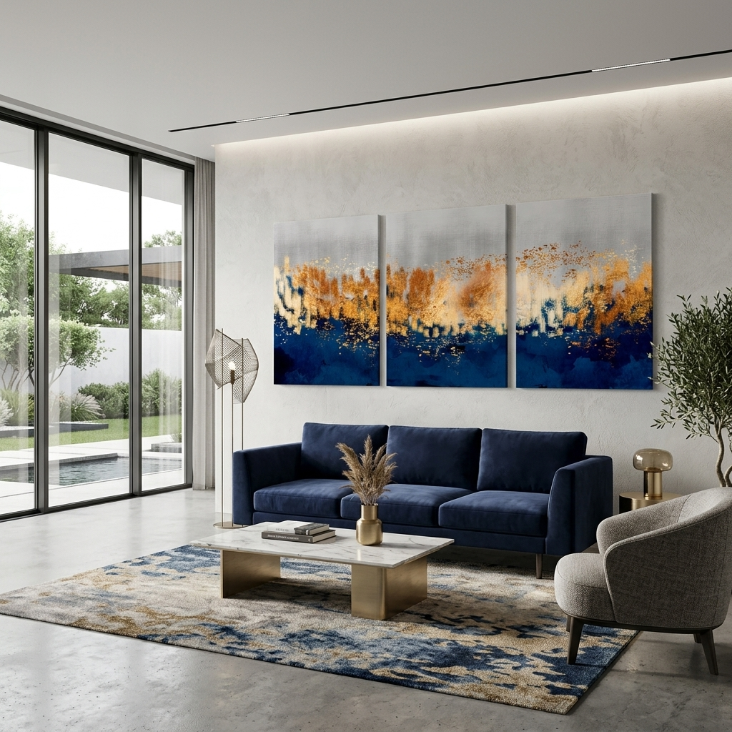 Modularer, grau-goldener abstrakter Kunstdruck mit blauen Elementen, mehrere Teile auf Leinwand