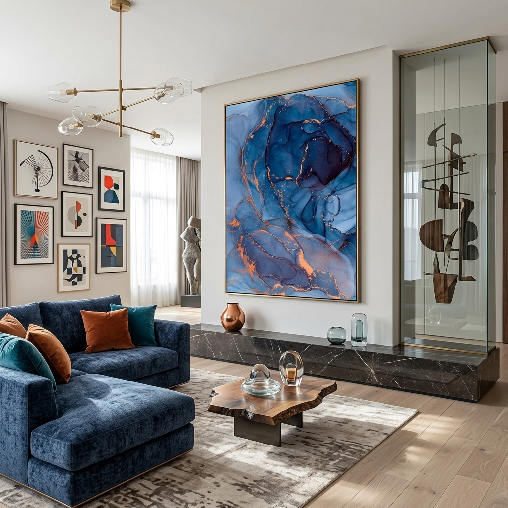 Marineblauer Kunstdruck auf Leinwand mit abstraktem Motiv