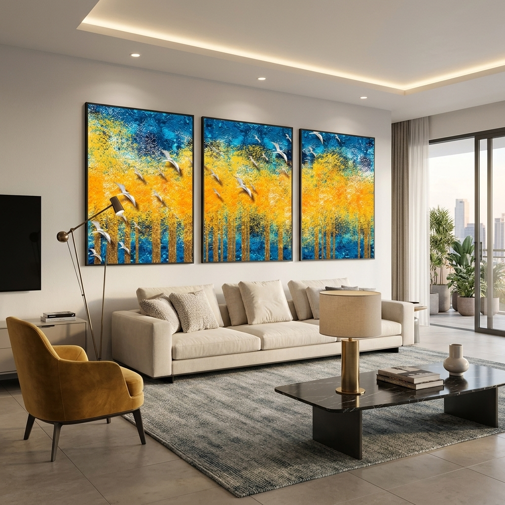 Modularer abstrakter Kunstdruck auf Leinwand, mehrteilig, Gelb und Blau