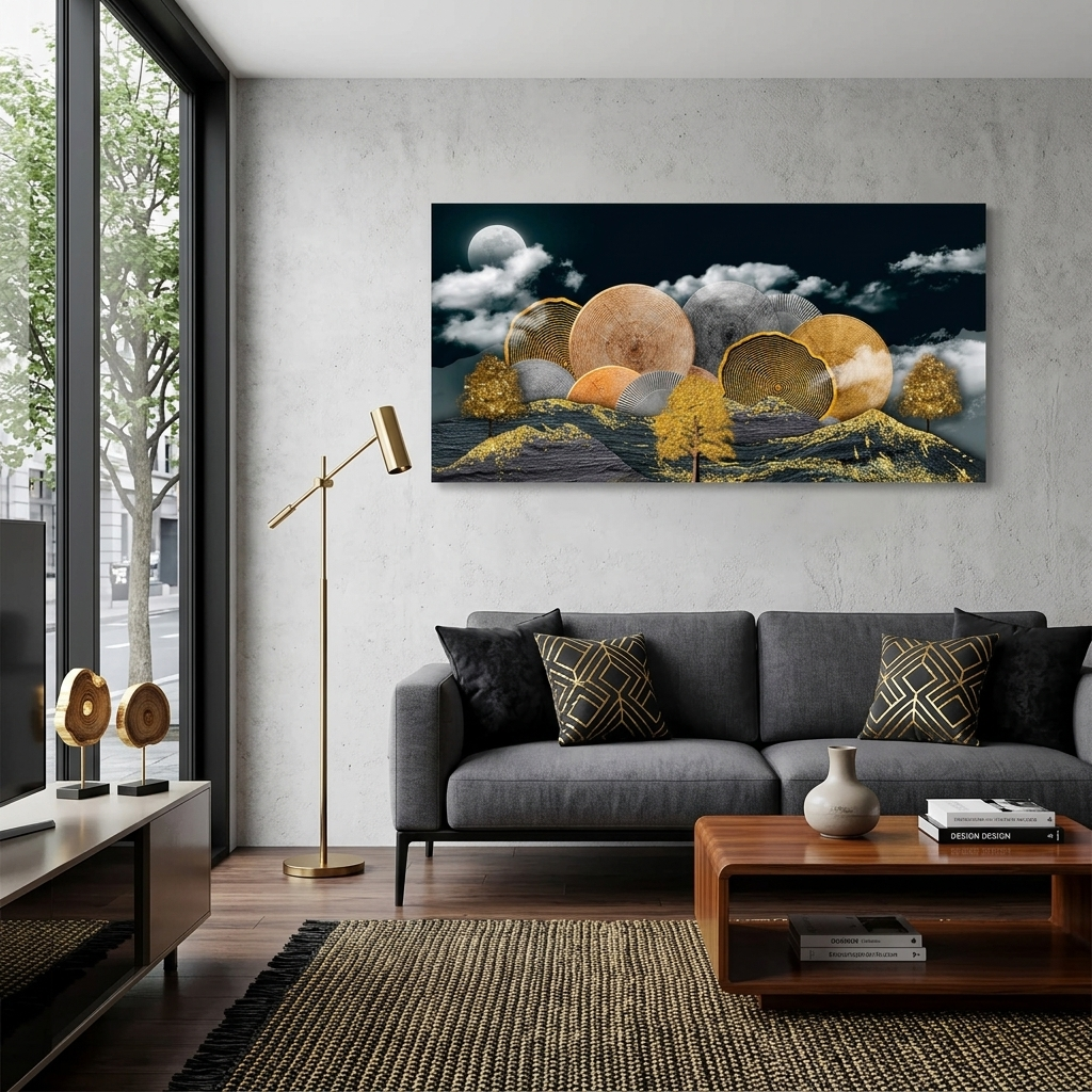 Bergbäume in Gold- und Grautönen Abstrakter Kunstdruck auf Leinwand